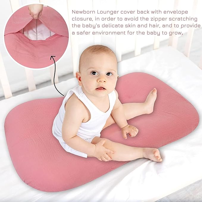 Hooyax Muslin Baby Lounger Cover Soft Organic Cotton Slipcover Fits Newborn Lounger for Baby Boys and Girls (Flesh Pink)
