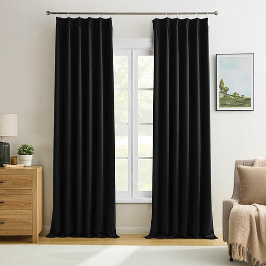KEQIAOSUOCAI Pinch Pleated Blackout Curtains 90 Inch Long 2 Panels for Bedroom Living Room Thermal Insulated Black Out Window Curtain Pinched Pleat Drape with Hooks (W40 x L90 Inch, Black)