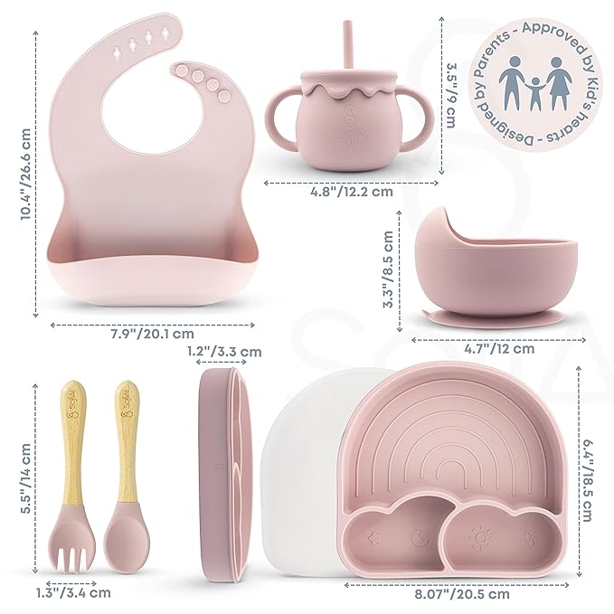 All In One Silicone Feeding Set - Safe for 6-12 Months - Non-Toxic Baby Led Weaning Supplies - Toddler Self Feeding Utensils - BPA-Free - Mess Free Essentials