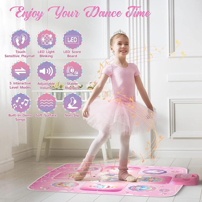 GirlsHome Dance Mat - Unicorn Toys for Girls Electronic Dance Pad with 5 Game Modes, Built-In Music, Touch Sensitive Light Up LED Kids Musical Mat, Christmas & Birthday Gift for Toddler Girls 3-12