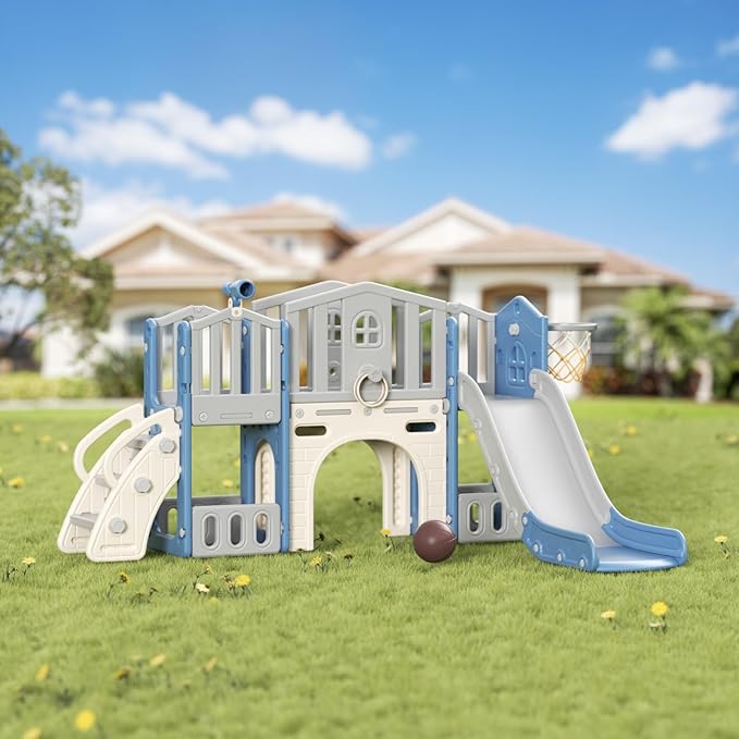8 in 1 Toddler Slide Set, Kids Slide for Toddlers Age 1-3, Toddler Climber Slide PlaySet with Basketball Hoop and Ball, Outdoor Indoor Kids Playground for Toddlers 1-3, Blue Grey