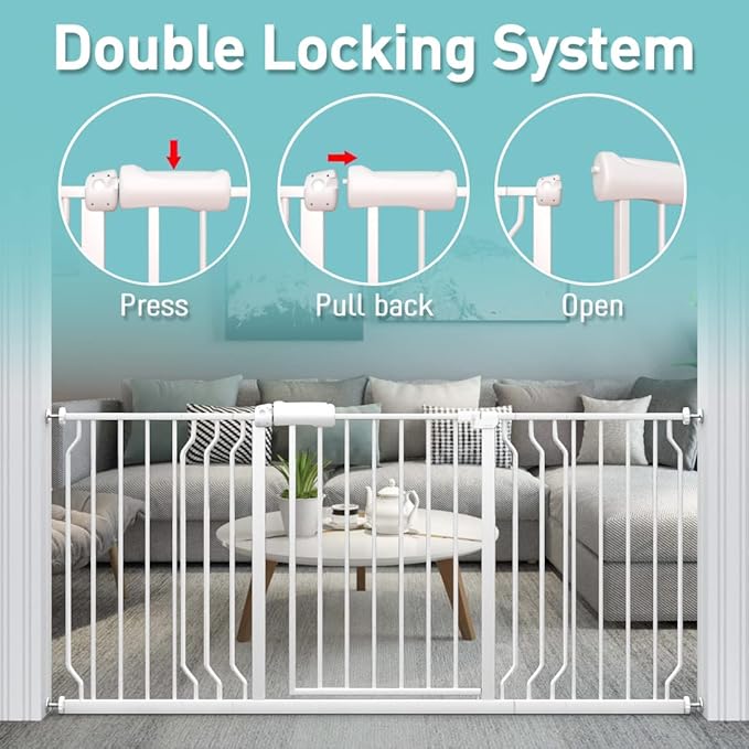 WAOWAO Baby Gate 71.65-76.35" Extra Wide Pressure Mounted Walk Through Swing Auto Close Safety White Metal Toddler Kids Child Dog Pet Puppy for Stairs,Doorways,Kitchen