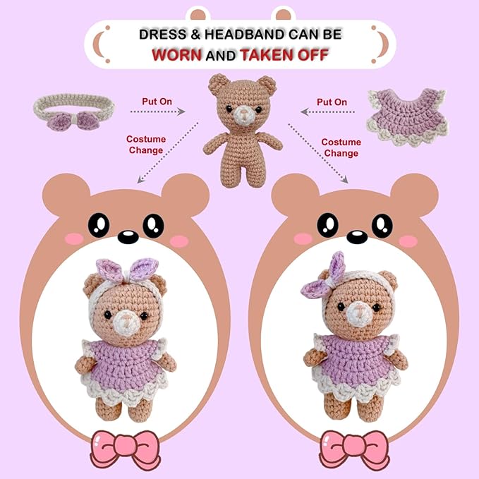 LoopMap Crochet Kit for Beginners - DIY Amigurumi Bear with Removable Dress & Accessories - Step-by-Step Video Tutorials, Extra Yarn, Crochet Tools, Handmade Gift for Kids & Adults (Bear K01, Purple)