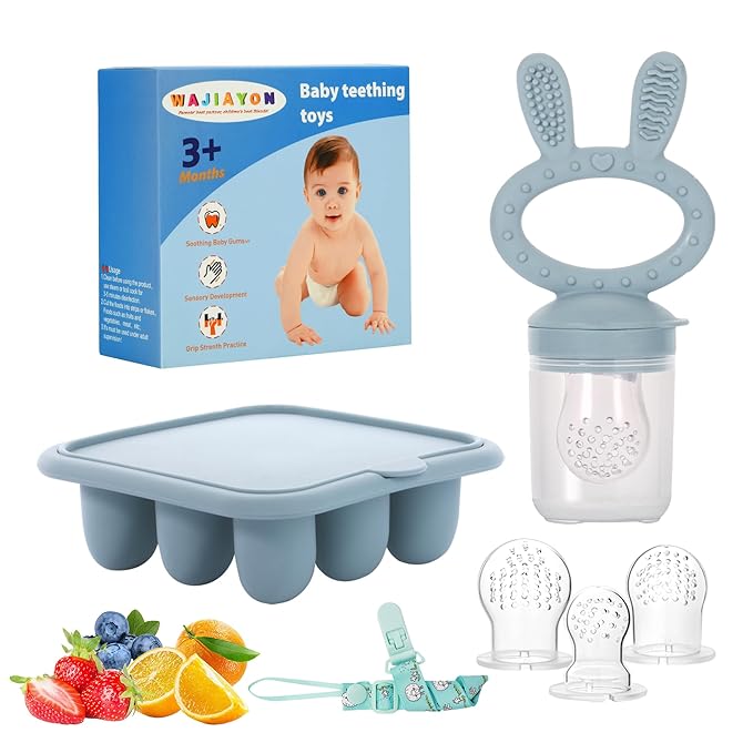 WAJIAYON Baby Breastmilk Popsicle Molds & Baby Fruit Feeder (2 Pack), Baby Food Freezer Tray Storage Containers, Silicone Teething Pacifier Feeder and Teether for Babies,Baby Feeder - Blue