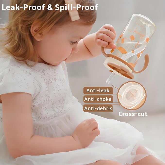 Evorie Tritan Spill Proof Toddler Straw Sippy Cup, 10 oz for Baby and Toddlers 1-3 Years Old, No Spill Straw Water Bottle with Removable Handles, Ideal for School, BPA-Free (Imaginations)