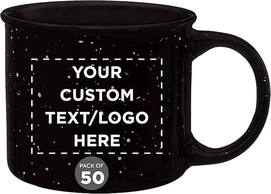 DISCOUNT PROMOS Custom Ceramic Campfire Coffee Mugs 13 oz. Set of 50, Personalized Bulk Pack - Perfect for Tea, Espresso, Cappuccino, Hot Cocoa - Black
