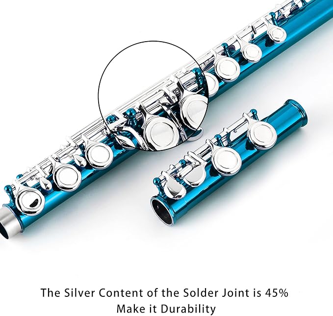 EastRock Closed Hole Flutes C 16 Key for Beginner, Kids, Student -Nickel Flute with Case Stand and Cleaning kit (Sea Blue)