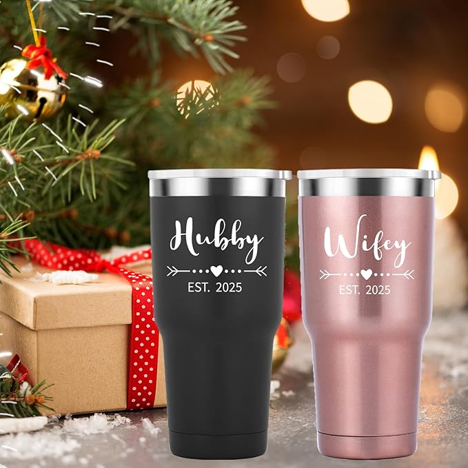 Mamihlap Hubby & Wifey Est 2025 Travel Mug 30oz Tumbler.Valentine’s Day Gifts.Anniversary Wedding Engagement Gifts.Gift for Couple Her Him Bridal Shower Husband Wife Newlywed Couple.(Black&Rose Gold)