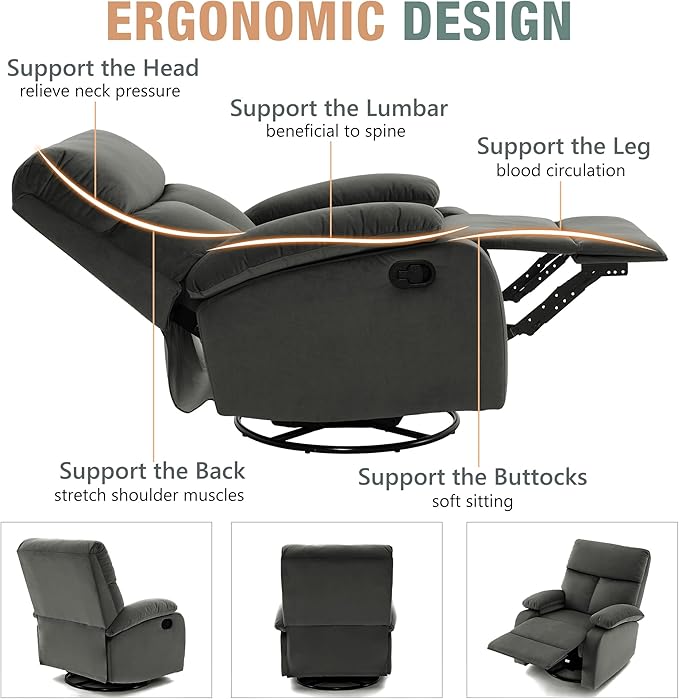Swivel Rocker Recliner for Adults, Rocking Small Recliner Chair for Small Spaces, Glider-Nursery Rocking Chair for Living Room, RV, Nursery, Bedroom, Grey