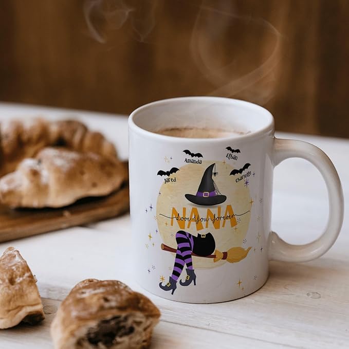 Personalized Witch Mug for Nana - Kids Names, 11 or 15 Oz Coffee Cup - Fall Gift for Her