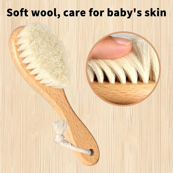Baby Hair Brush and Comb Set, 2pcs Wooden Natural Goat Bristles Brush+ Blue Comb+ White Cradle Cap Brush Grooming Kit for Newborns Toddlers Boys Girls