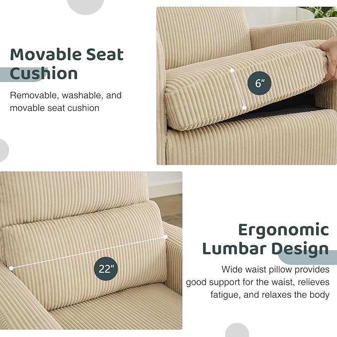 Swivel Rocker Recliner, Oversized Manual Nursery Glider Rocking Recliner Chair with Removable Cushion, Upholstered Swivel Reclining Chair for Nursery Living Room Bedroom, Corduroy Camel