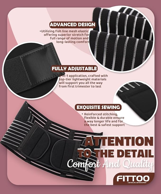 FITTOO Maternity Belt Back Support Belly Band Pregnancy Belt Support Brace Abdominal Binder Waist Support Black XL