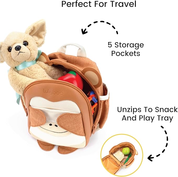 Toddler Harness Backpack Leash - Baby Walking Harness & Anti-Lost Wrist Tether - Kids Backpack 5 Storage Pockets and 2 Adjustable Child Leashes for Kids 1, 2,3,4,5,6,7 Years Old - Ultra-Soft - Monkey