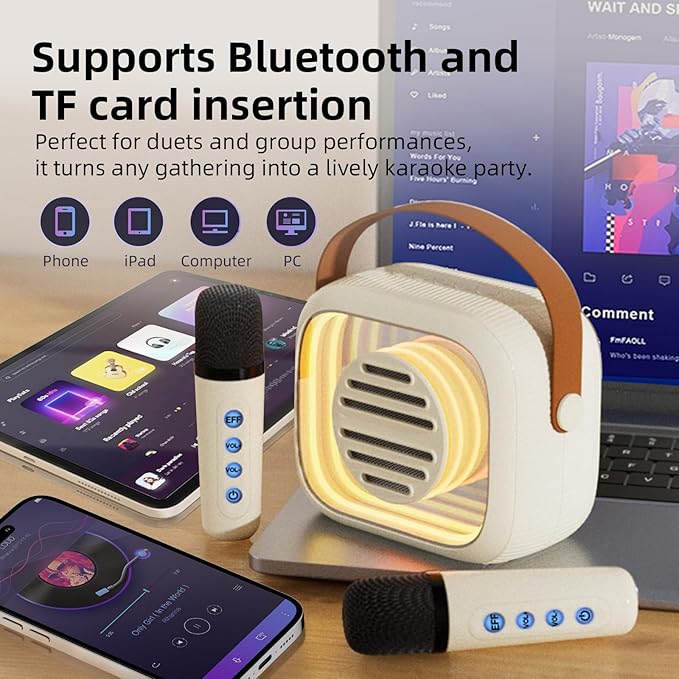 YF93 Mini Karaoke Machine for Kids with Bluetooth Speaker, 7 Voice-Changing Modes, Dual Microphones, Colorful LED Lights, TF Card Support, Portable Singing Gift for Children and Parties(Beige)