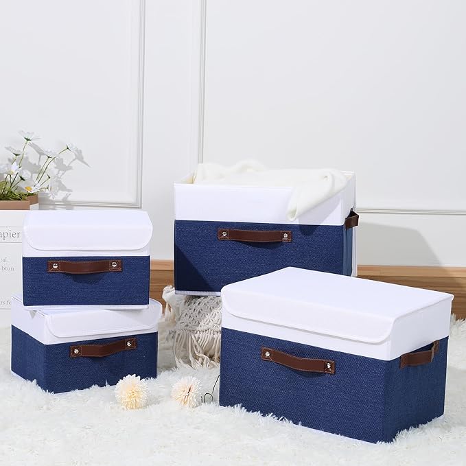 ANMINY 2PCS Storage Boxes with Lid Washable Decorative Storage Bin Basket with PU Leather Handle Foldable Linen Fabric Storage Cube Container for Home Closet Organizer - Deep Blue White, Small Size