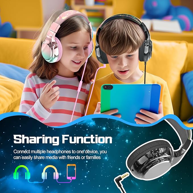 QearFun Kids Headphones Wired with Mic, 85/94dB Safe Volume Limit, Foldable Over Ear, Tangle-Free Cord & Sharing Port, Wired On-Ear Headset for School, Chromebook, Tablet, Travel - Boys & Girls