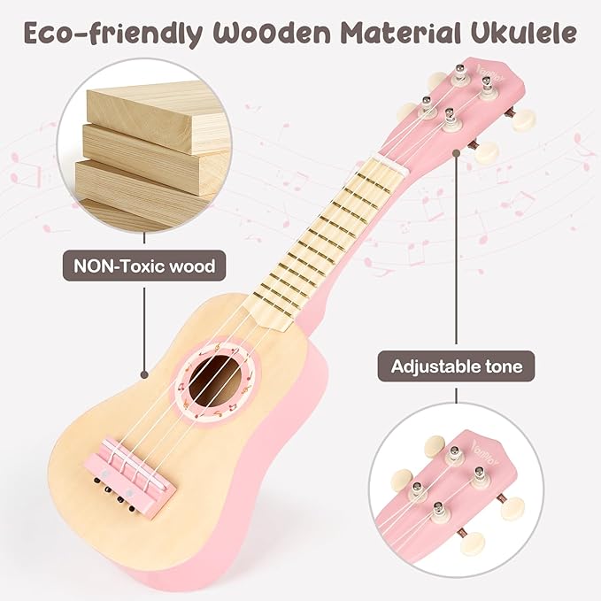 Kids Guitar Set for Girls - Toys for 2 3 4 Year Old Girl Birthday Gifts - 7 in 1 Wooden Montessori Musical Instruments with Ukulele/Tambourine/Maracas/Flute for Toddler 2-5(Pink)