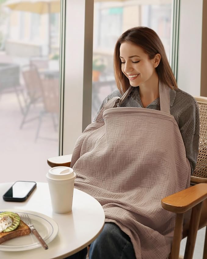 Blissful Diary Muslin Nursing Cover for Breastfeeding, Breathable Breastfeeding Cover up with Arch Neckline for Women, Nursing Apron (Agreeable Gray)