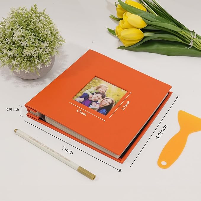 RECUTMS Small Photo Album Self Adhesive Scrapbook Magnetic Photo Albums for 4x6 5x7 8x10 Pictures for Baby Family Wedding 40 Pages with Metal Pen and Plastic Board (Orange)