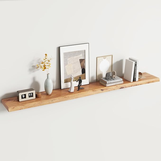 Rustic Elm Wood Floating Shelf for Wall, Live Edge 72"W x 9.2"D x 1.4"H, 1 Pack with Invisible Bracket, Large Wall Mounted Storage Shelf for Living Room Bedroom Kitchen Bathroom Decor, Natural Finish