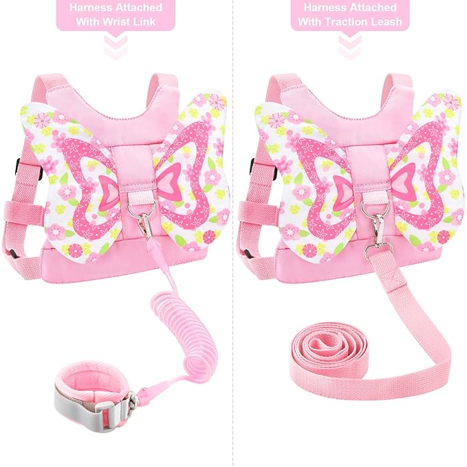Accmor Toddler Harness Leash, 3 in 1 Cute Butterfly Kids Leash + Anti Lost Wrist Link, Adorable Child Walking Harness Wristband Assistant Soft Strap Belt Protector for Baby Girls to Outdoor Travel