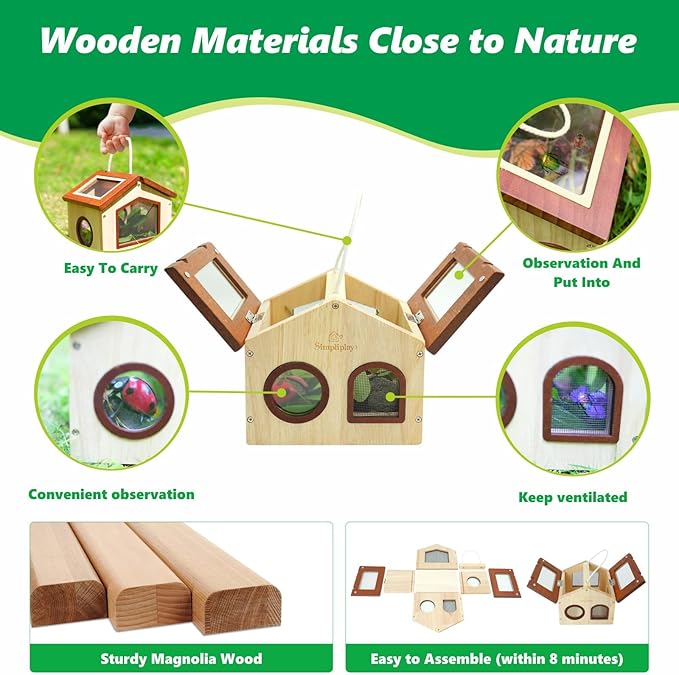 Kids Bug Catching Kit, 6-in-1 Nature Discovery Kit with Breathable Wooden Critter Habitat House, 15 Insert Cards, Magnifying Glass, Butterfly Net, Summer Outside Toys, Gift for Boys & Girls
