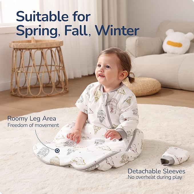 Baby Sleep Sack 18-24 Months, Cotton Detachable Long Sleeve Sleep Sack, 1.0 Tog Toddler Sleeping Sack with Temperature Strips, 2-Way Zipper Wearable Blankets for Newborns, Hot Air Balloon