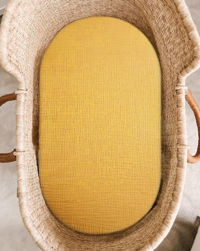Bassinet Sheet for Baby Boy and Girl 2 Pack, Fitted Sheets for Rectangle, Oval, Hourglass Bassinet Mattress, Muslin Moses Basket Sheets with Neutral Style (Beige & Mustard Yellow)