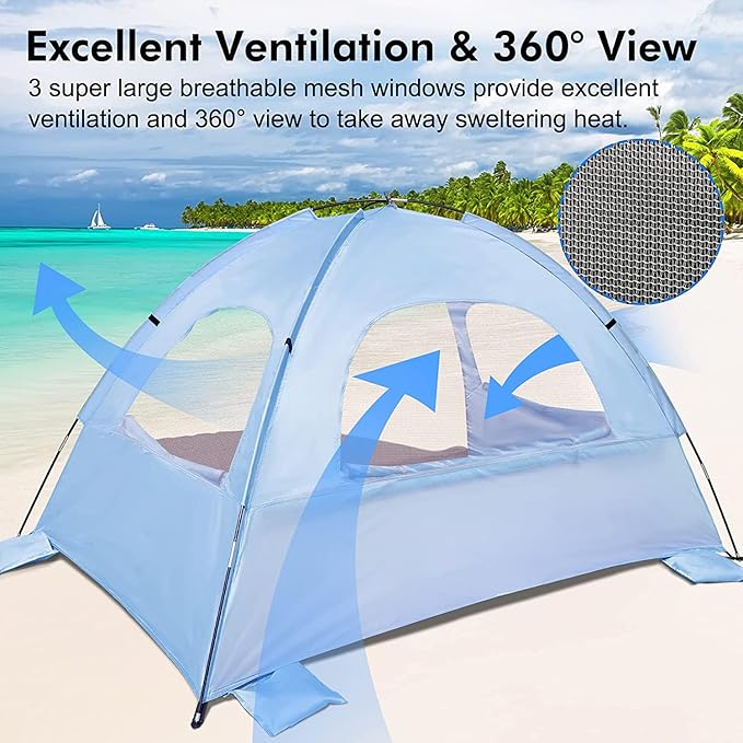 WhiteFang Beach Tent Anti-UV Portable Sun Shade Shelter for 3/4/6/8 Person, Extendable Floor with 3 Ventilating Mesh Windows Plus Carrying Bag, Stakes and Guy Lines
