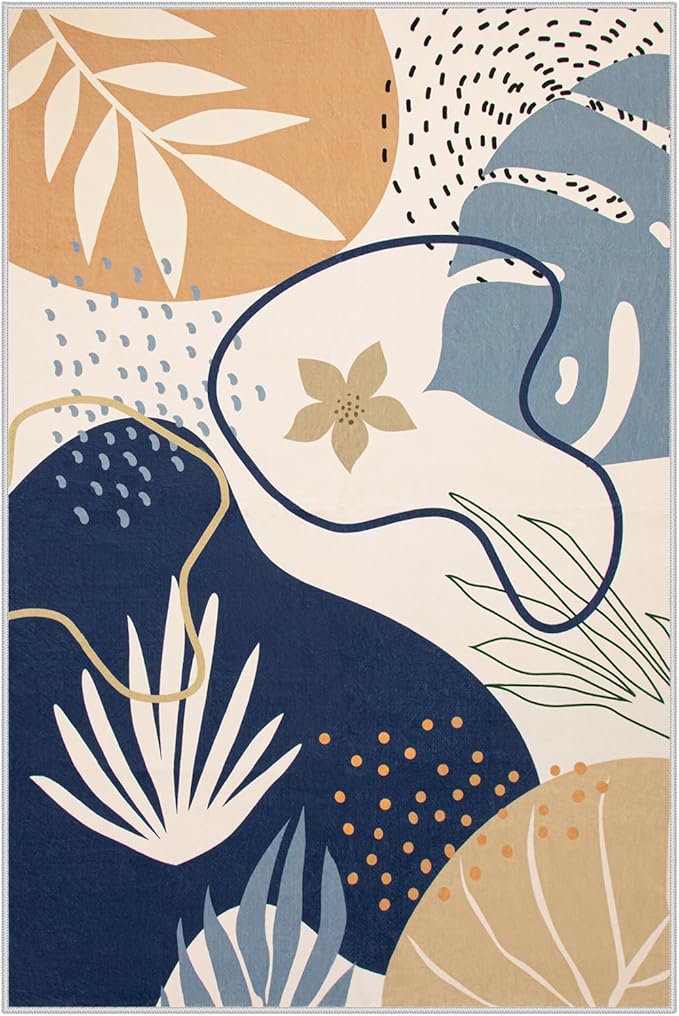 Lahome 4 x 6 Area Rug Living Room Carpet - Washable Soft Rugs for Bedroom Non-Slip Ultra-Thin Floor Rug for Office, Boho Botanical Print Stain Resistant Indoor Rugs for Kitchen Entryway Laundry Room