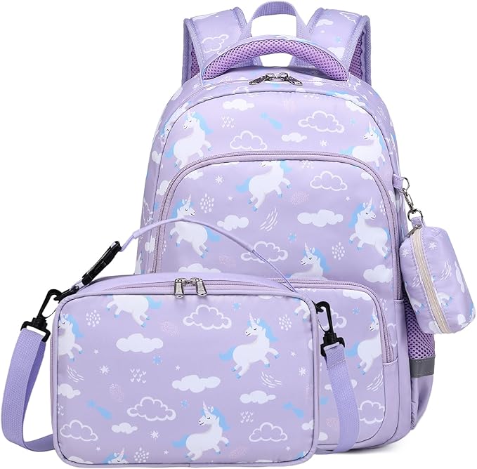 mygreen 3PCS Kids Backpack Set - Waterproof Bookbag with Lunch Box for Girls Ages 3-12, Adorable Cartoon Prints for School & Outdoor Use Purple Unicorn