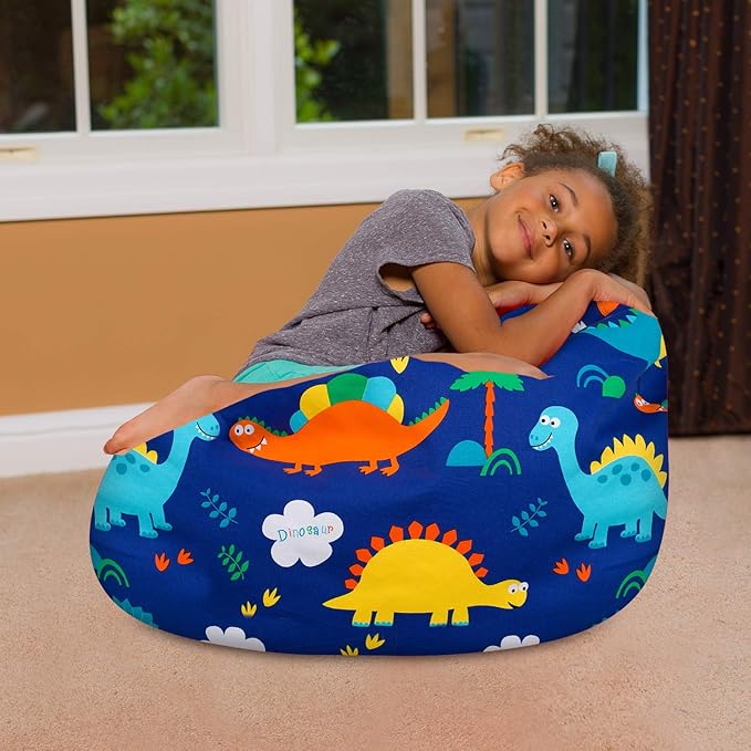 Posh Creations Bean Bag Chair for Kids, Teens, and Adults Includes Removable and Machine Washable Cover, Canvas Dinos on Blue, 27in - Medium