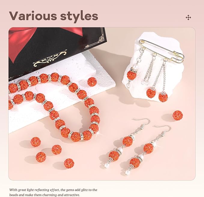 160pcs 10mm Rhinestone Beads for Jewelry Making, Orange Shiny Round Disco Ball Beads Bulk, Sparkle Crystal Clay Christmas for Bracelet Baseball Necklace Earring Crafting and DIY