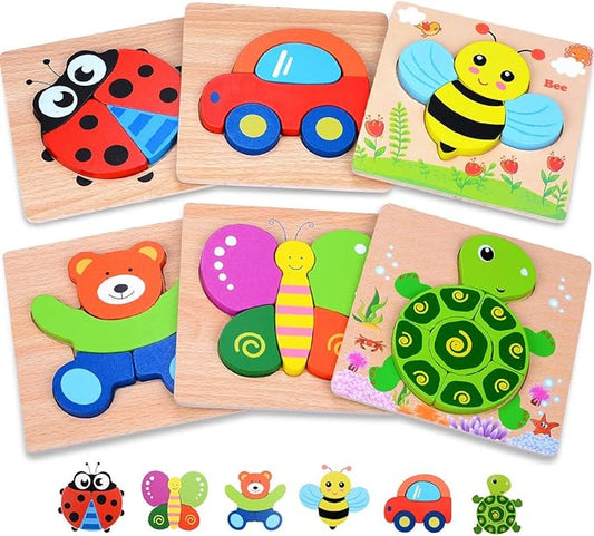 MAGIFIRE Wooden Puzzles 12-18 Months - Multicolor 6-Pack Animal & Vehicle Shapes with Storage Bag - Chunky Wood Puzzles for Fine Motor & Hand‐Eye Coordination - Ideal Toddler Gifts Age 1-2