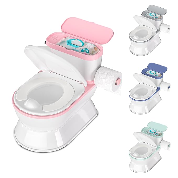 2-in-1 Toddler Potty Training Toilet - Larger Potty Chair & Detachable Training Seat for Boys & Girls Ages 1-3 with Flushing Sound, Wipes Storage, Toilet Paper Holder - Pink