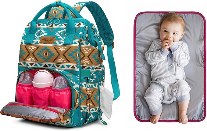 Wrangler Aztec Backpack Multifunction Baby Travel Bag with Changing Pad, Stroller Straps and Pacifier Case WG2204-91103TQ
