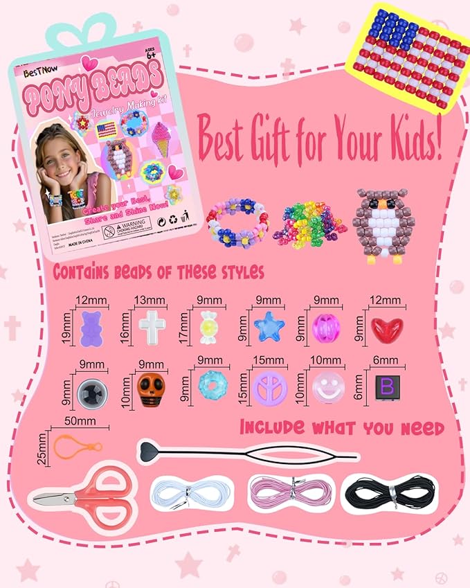 BestNow Kandi Beads Bracelet Making Kit Beads for Pony Beads Polymer Clay Beads 2 Types of Letter Beads 13 Types of Charm Beads for Jewelry Making DIY Arts and Crafts Gifts Toys for Girls Age 6-12