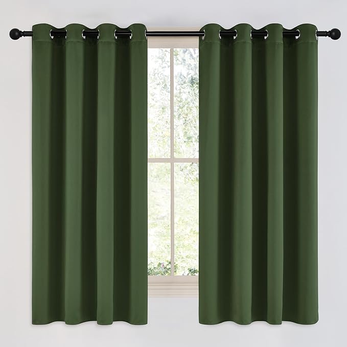 NICETOWN Dark Green Curtains for Bedroom, Grommet Blackout Window Treatments Faux Silk Room Darkening Thermal Window Treatments for Kids Room, 2 Panels, W52 x L63