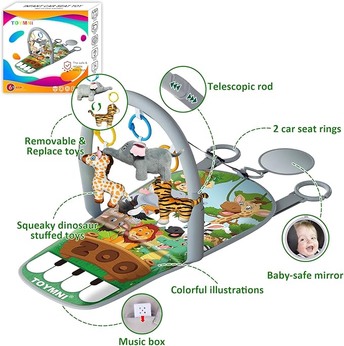 Car Seat Toys for 6-12 Months - Musical Pedal Piano with Baby Mirror, Squeaky Sensory Soft Animal Toys for Rear Facing Carseats