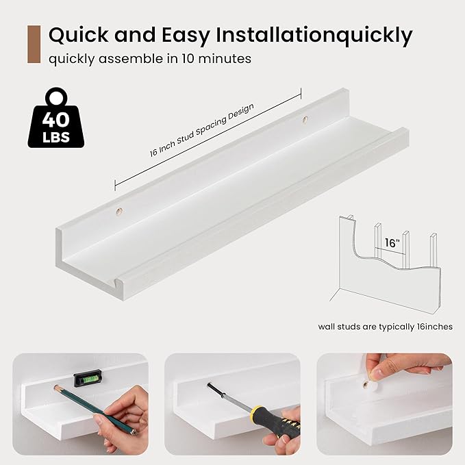Picture Ledge Shelf, Solid Pine Wood Floating Shelves Set of 4, 16 Inches Nursery Book Shelves for Toys Storage, Kids Bookshelf Wall Mounted for Living Room Decor Photo Frames, White