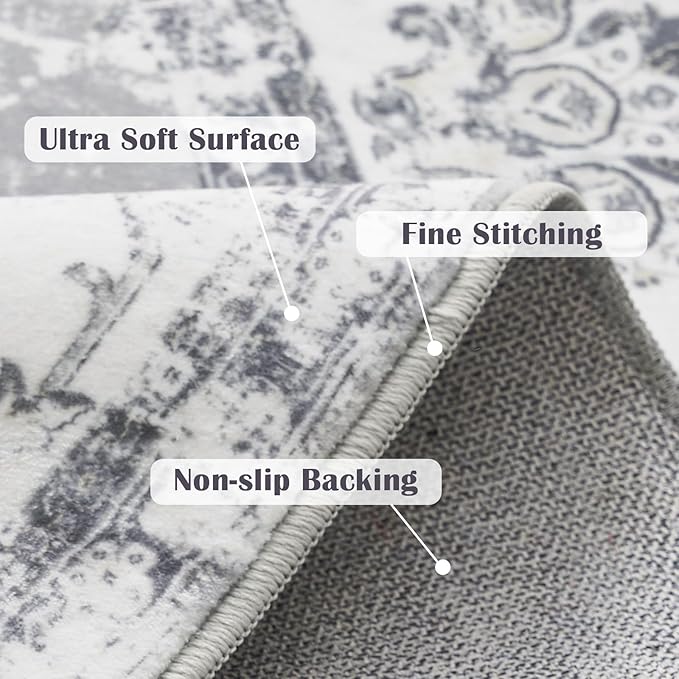 jinchan Round Rug 7ft Area Rug - Grey Vintage Floor Mat Kitchen Indoor Ultra-Thin Soft Floral Print - Washable Circle 7' Retro Accent for Farmhouse Non Slip Dining Room Living Room Bedroom Office