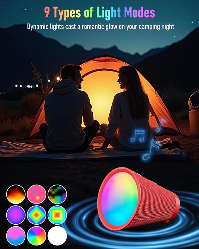 Portable Bluetooth Speaker Wireless with 9 Color Lights, 20H Playtime, Stereo Pairing, Deep Bass, IPX6 Waterproof, Bluetooth 5.3, Small Speaker for Home, Party, Outdoor, Camping, Beach, Gift