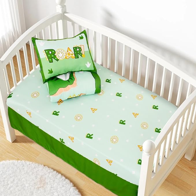 Cloele Crib Bedding Set for Boys,4 Piece Dinosaur Baby Bedding Set,Standard Size Toddler Nursery Bedding Includes Comforter,Crib Skirt,Fitted Sheet&Pillowcase,Soft Dinosaur Blanket-Green