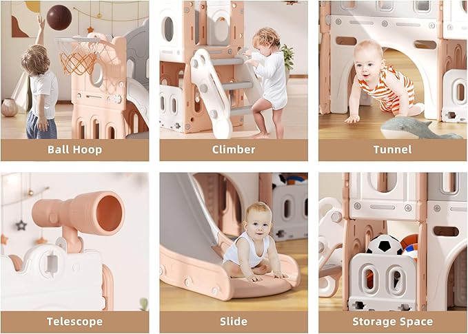 8 in 1 Toddler Slide, Kids Climber Slide with Storage Space and Non-Slip Steps, Indoor Outdoor Playset with Basketball Hoop and Telescope, Slide for Toddlers Age 1-3, Pink White