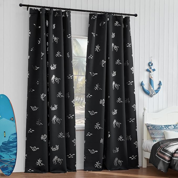 Vangao Kids Curtains for Boys Bedroom Kids Blackout Curtains 84 Inch Length Ocean Aquarium Nursery Drapes for Girls Bedroom Silver Sea Animals Print Thermal Insulated Drapes, Black 2 Panels