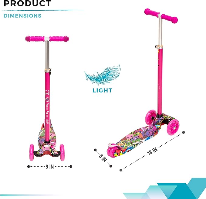 Maxi Scooter for Kids Ages 6-12 Lean-to-Steer 3 Wheel Scooter for Kids Ages 6-12 PU Light-Up Wheels Kids Scooter Adjustable Height Light Weight Aluminum Scooters T-Bar Colorful Design Printed