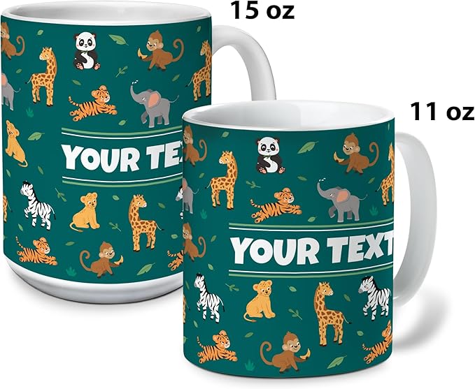 Personalized Mug for Kids - Zoo Animals - Custom Name/Text, Ceramic Hot Chocolate/Cocoa/Coffee Cup for Boys/Girls, Birthday/Christmas/Holiday Gift - 15 oz, Red Handle
