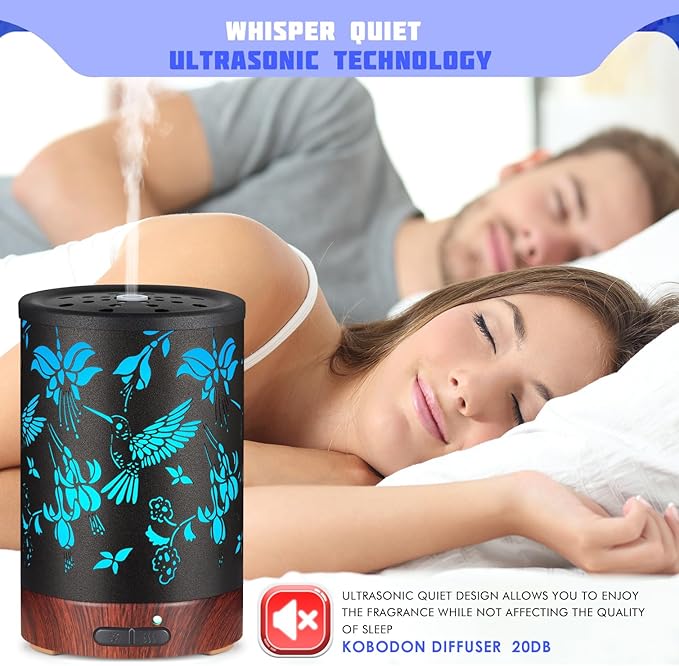 Metal Essential Oils Diffuser 150ML Christmas Aromatherapy Diffuser Cool Mist Humidifier with 7 Colors Lights Waterless Auto Off Air Diffusers as Gifts for Mom (B-Hummingbird)