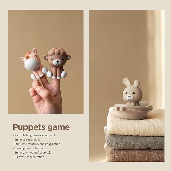 Nueplay Bathtub Toys for Toddlers 18M+，Baby Bath Toys with Animal Finger Puppets，Stackable Boat Train，Gift for Baby & Toddlers Set of 6